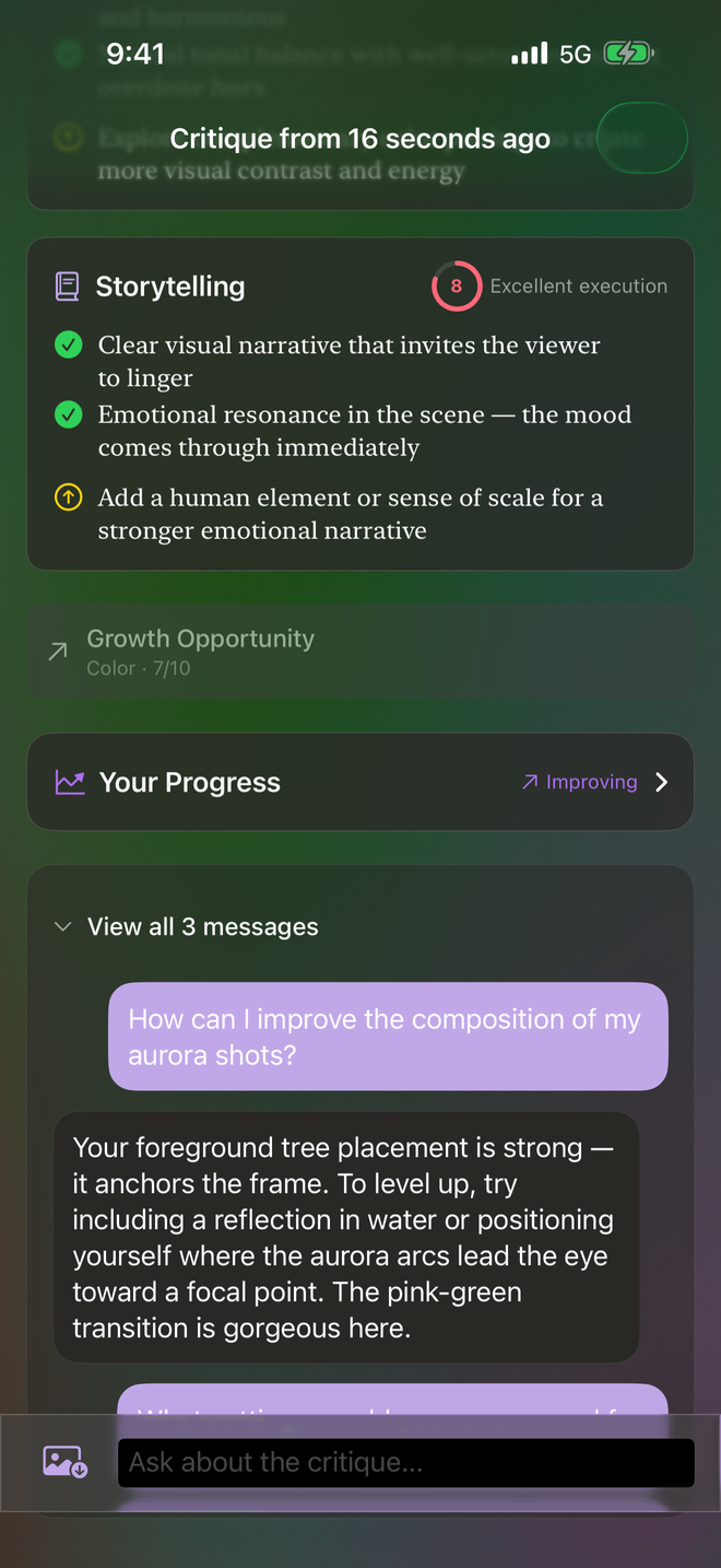 ShutterCoach AI chat providing conversational photography mentorship and tips