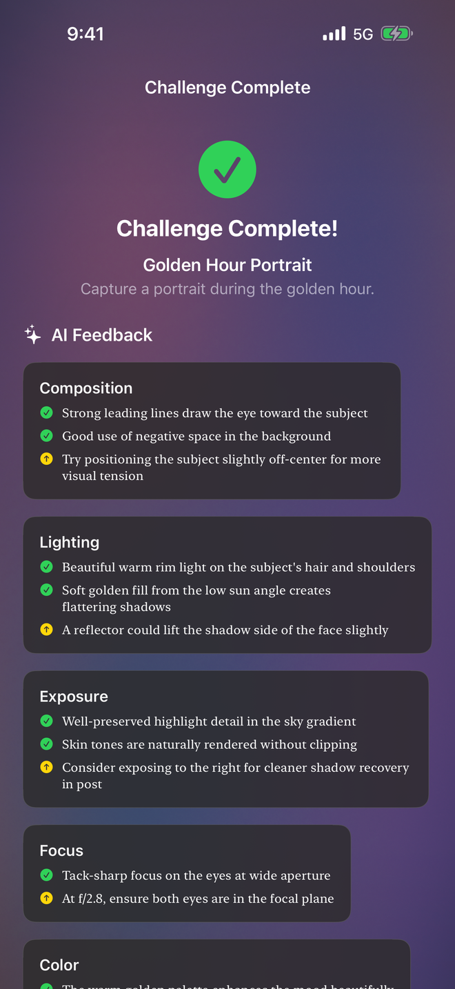 ShutterCoach challenge result screen showing scored submission with feedback