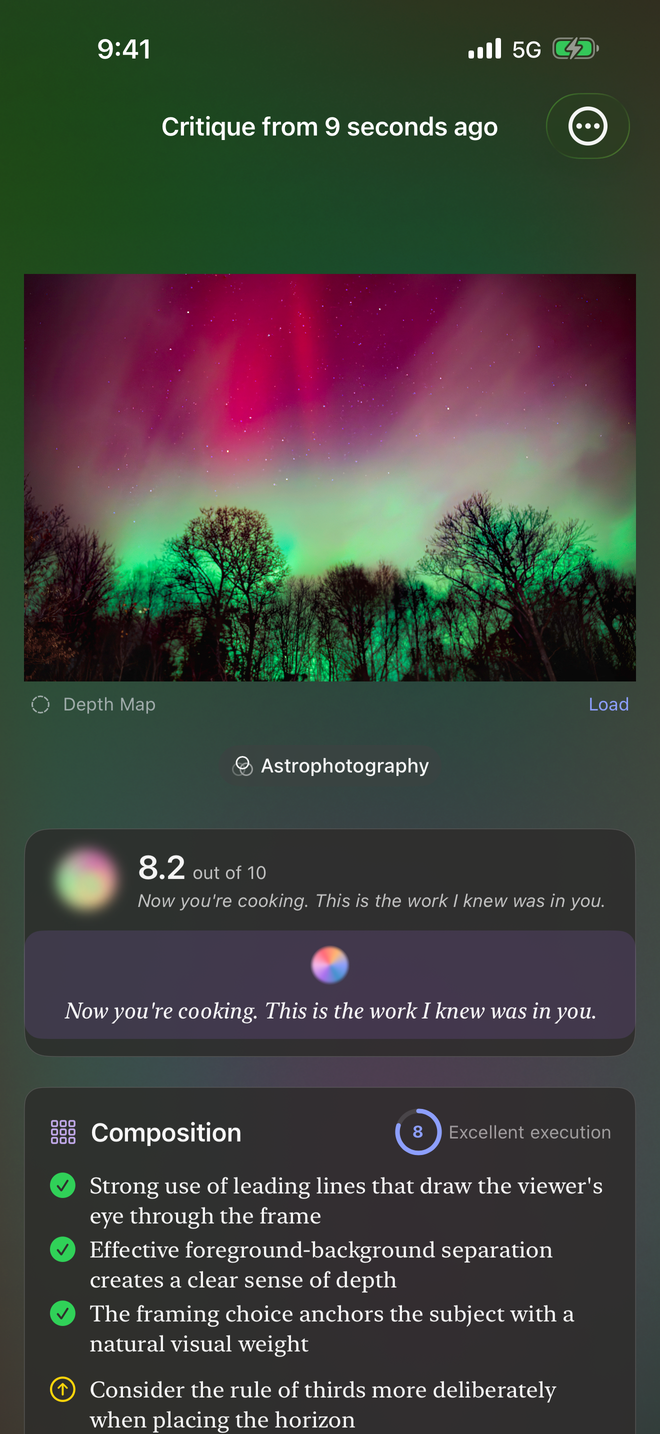 ShutterCoach critique screen showing detailed photo feedback with composition and lighting scores