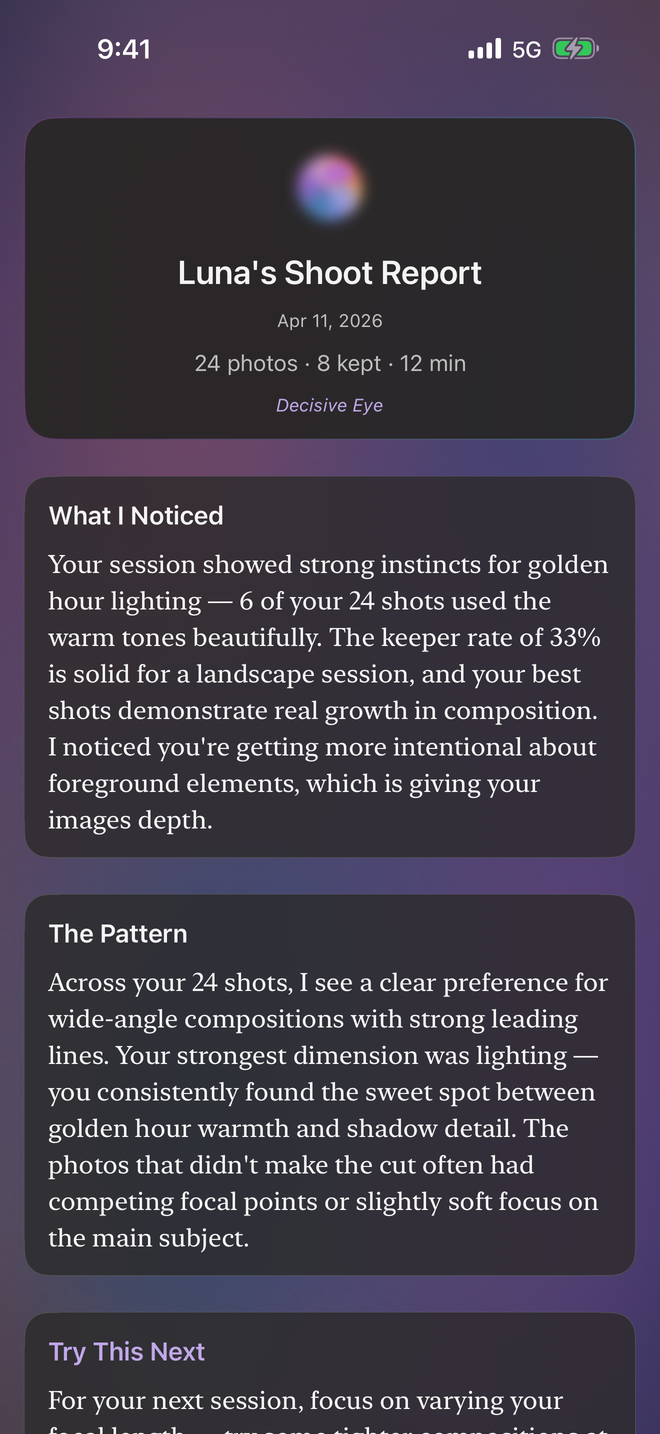 ShutterCoach shoot report with session analysis and improvement suggestions